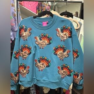 QUEEN OF SPARKLES Teal Turkey Embroidered Small Sweatshirt and XS Joggers